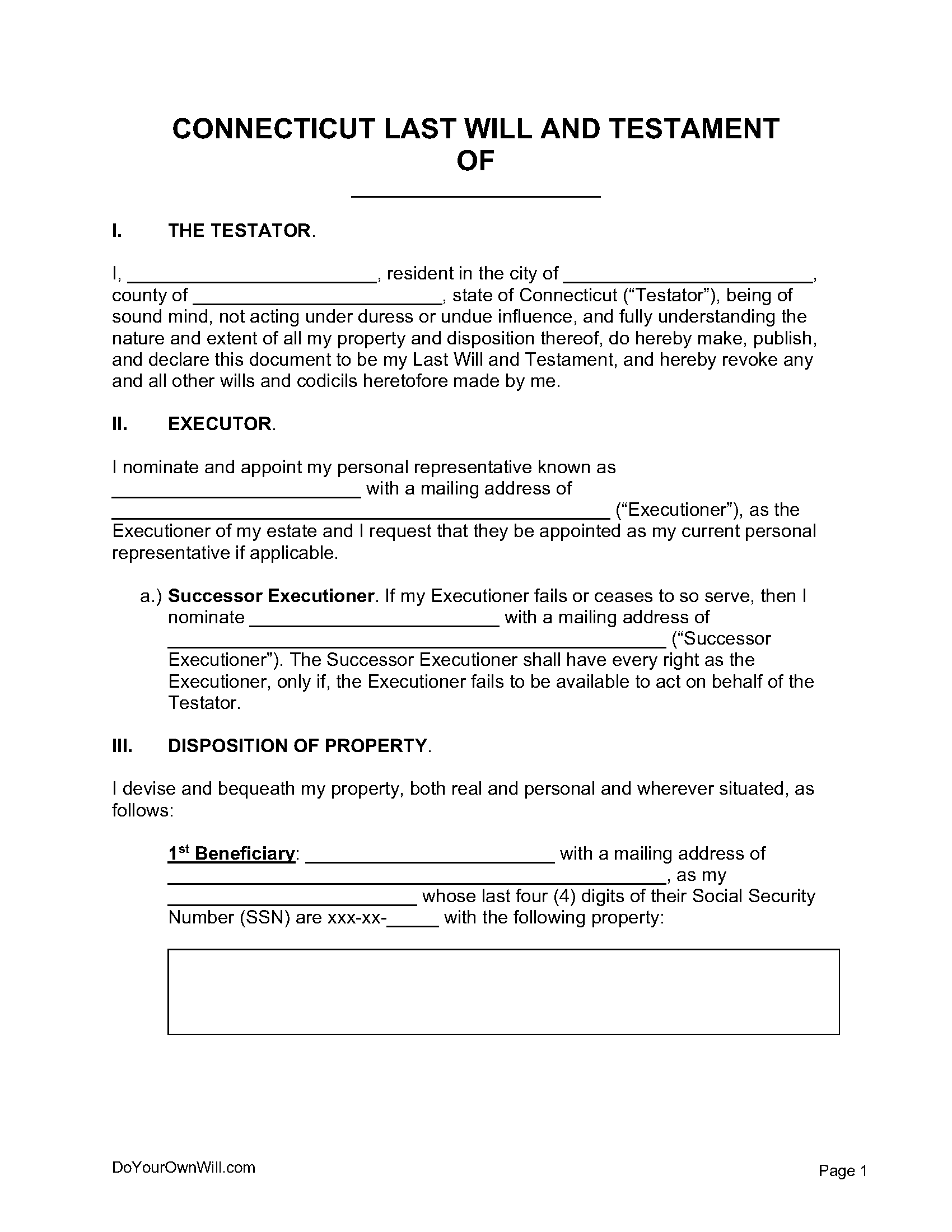 Free Connecticut Last Will and Testament Form PDF WORD 1 ODT