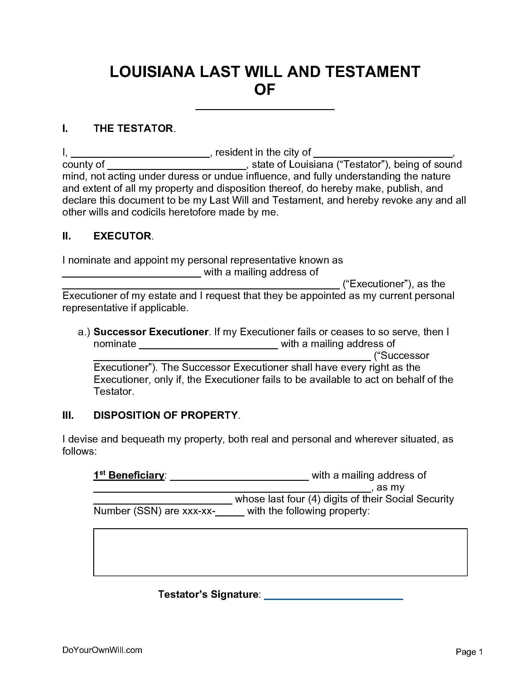 Free Louisiana Last Will and Testament Form PDF WORD 1 ODT