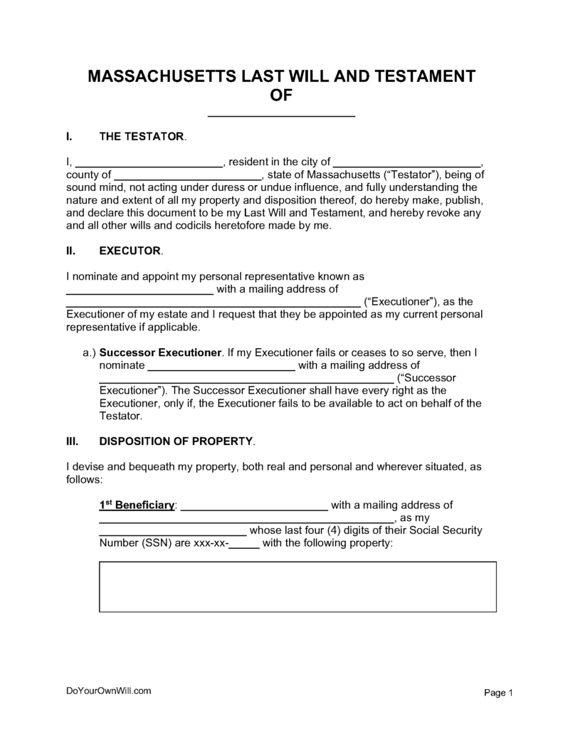 Free Massachusetts Last Will And Testament Form PDF WORD ODT