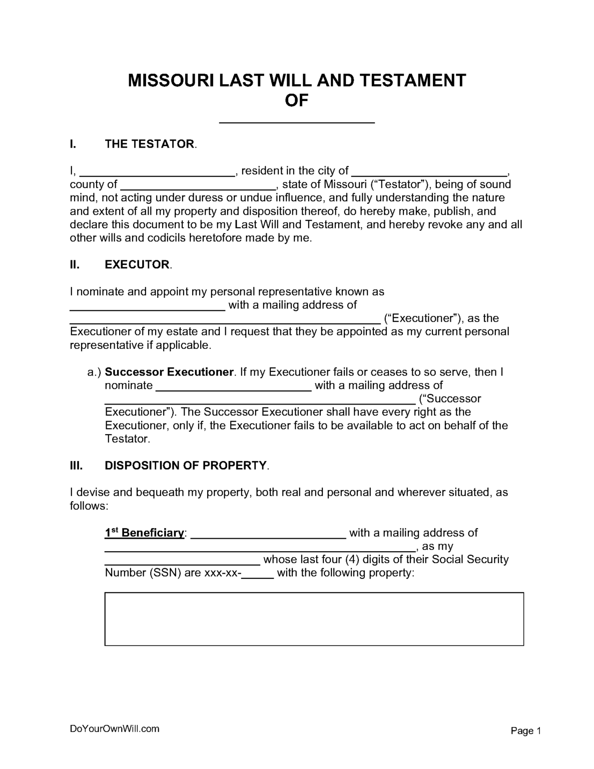 Free Missouri Last Will and Testament Form PDF WORD ODT